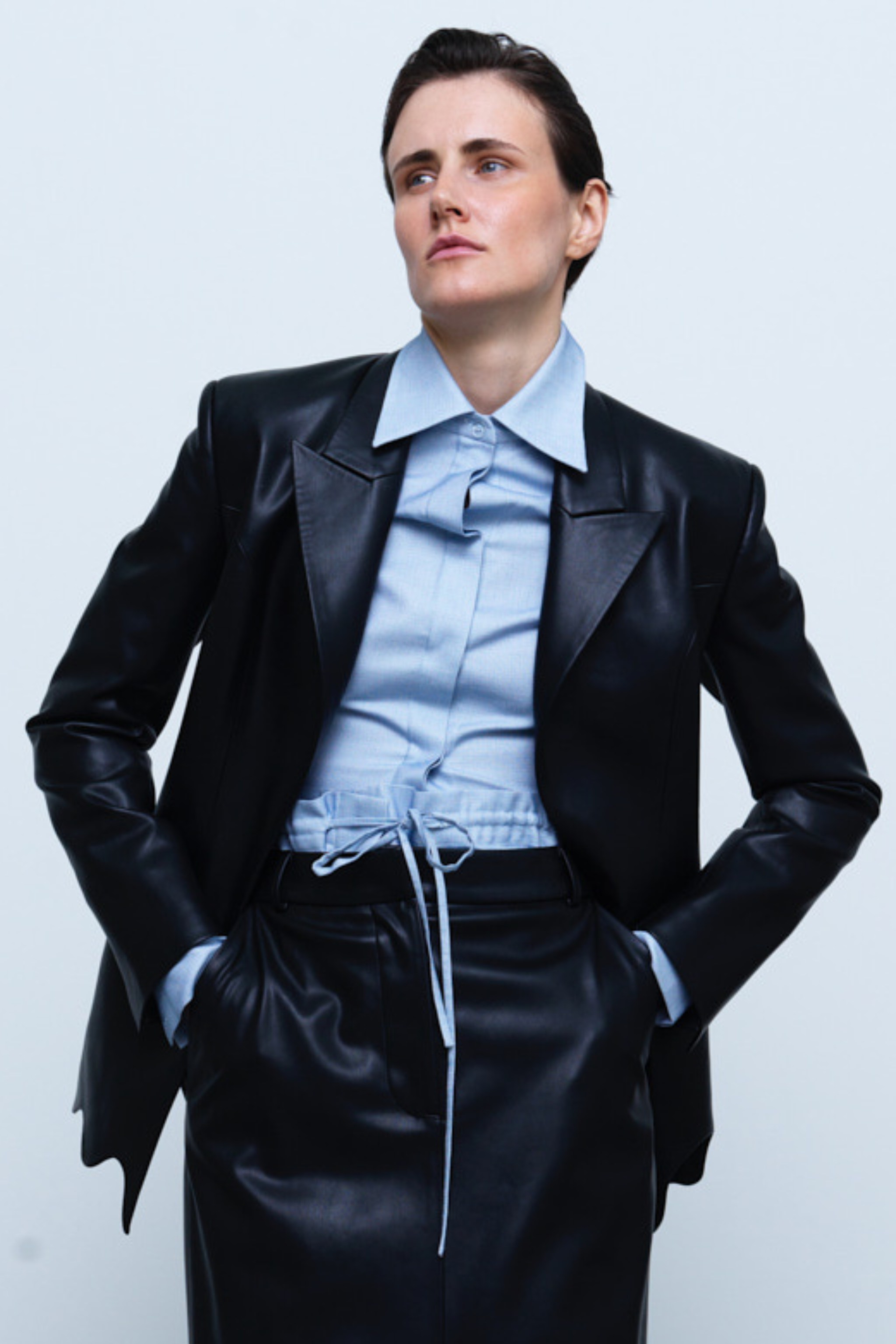 JACKET#01 — Wave-Hem Faux Leather Blazer