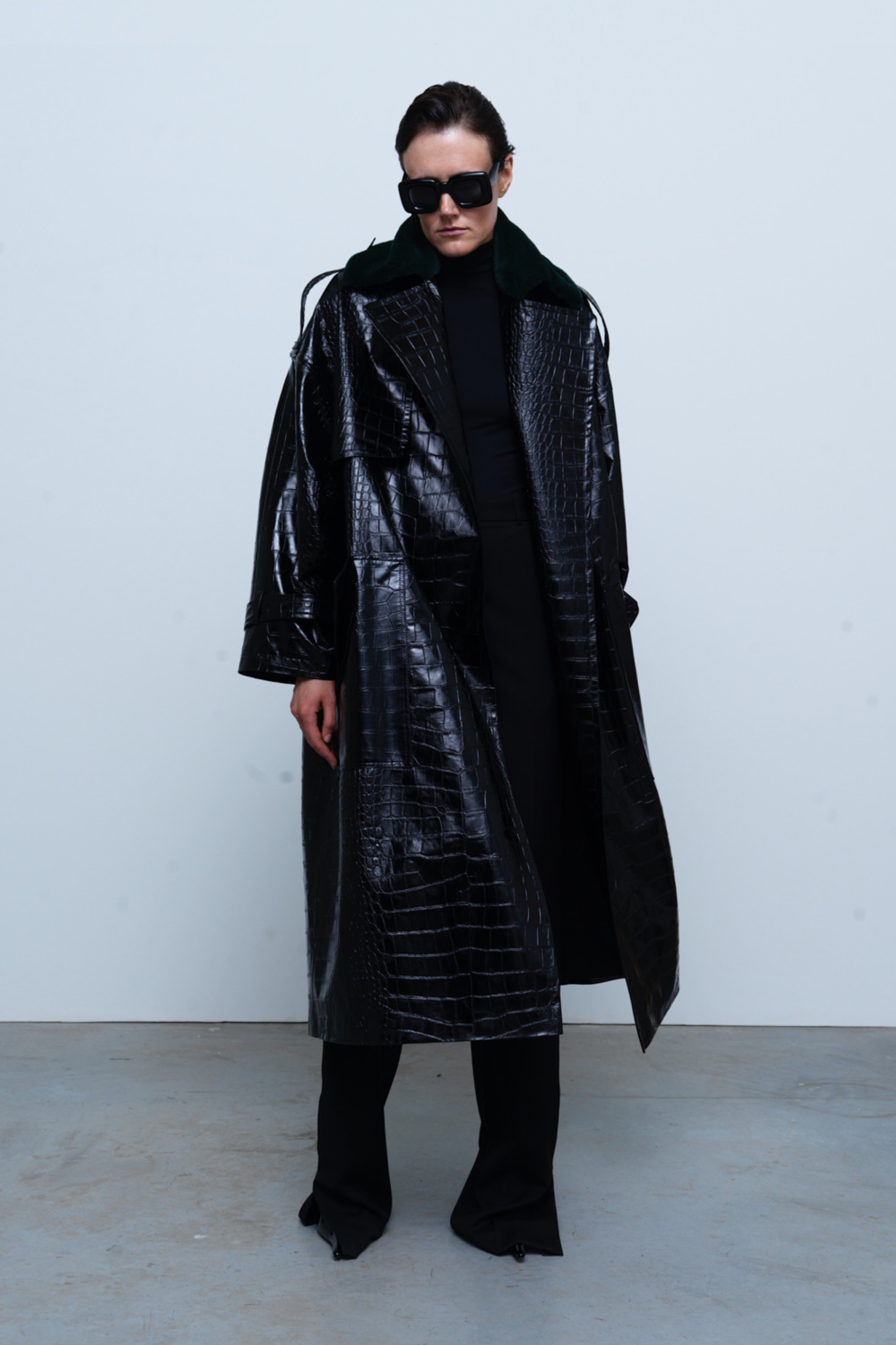 COAT#01 — Croc-Embossed Faux Leather Trench Coat