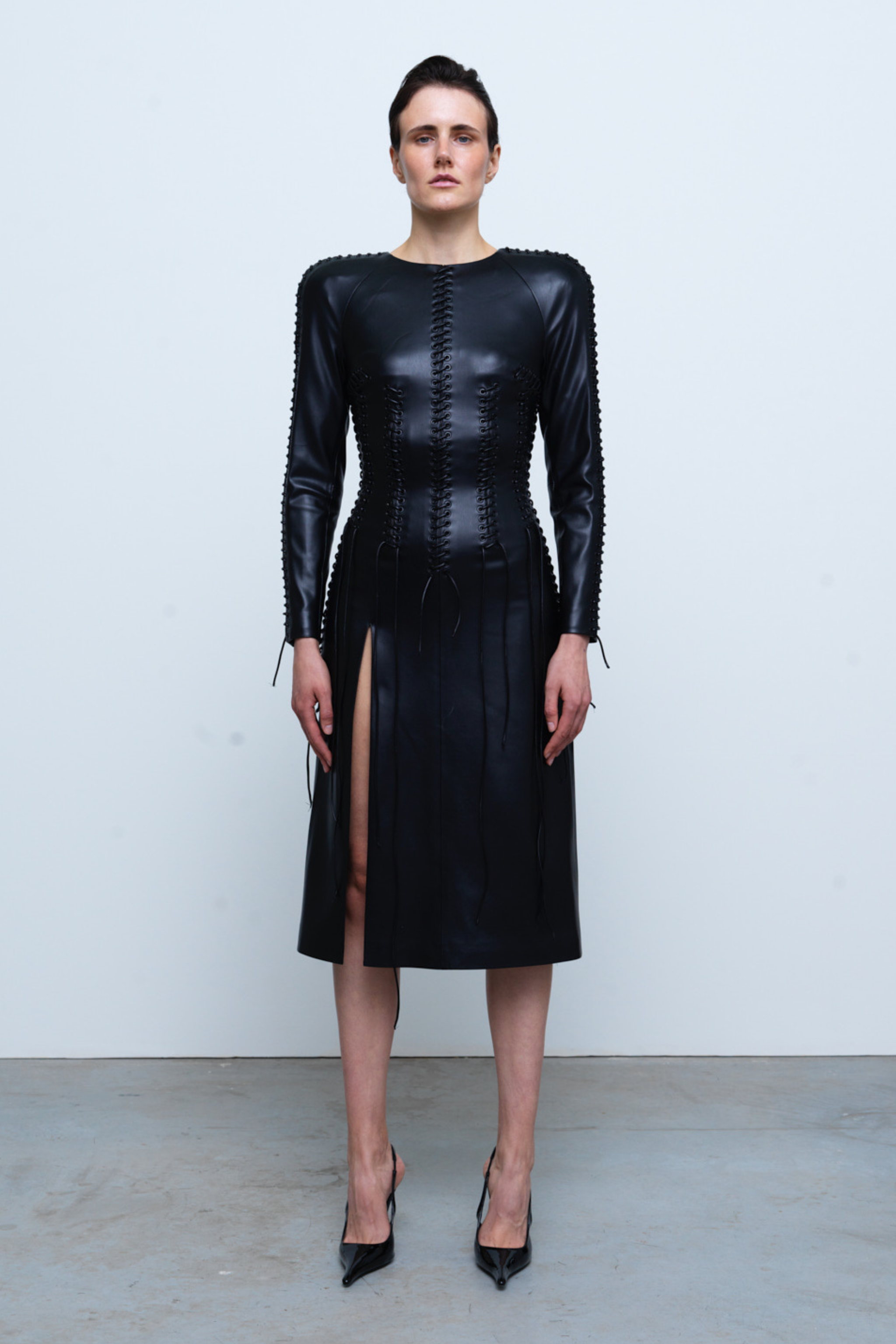 DRESS#03 — Lace-Up Faux-Leather Midi Dress