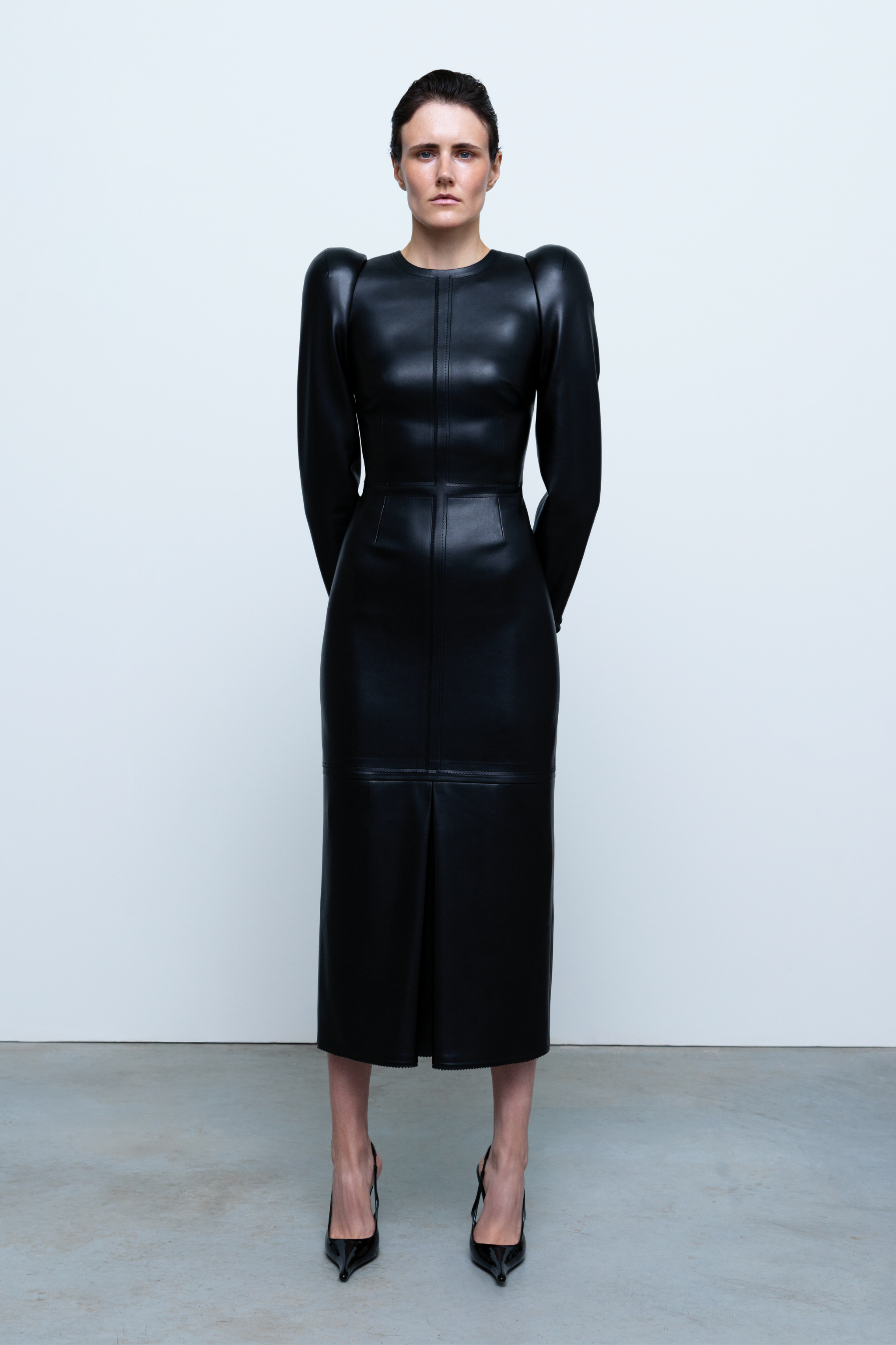 DRESS#04 — Structured Faux Leather Midi Dress