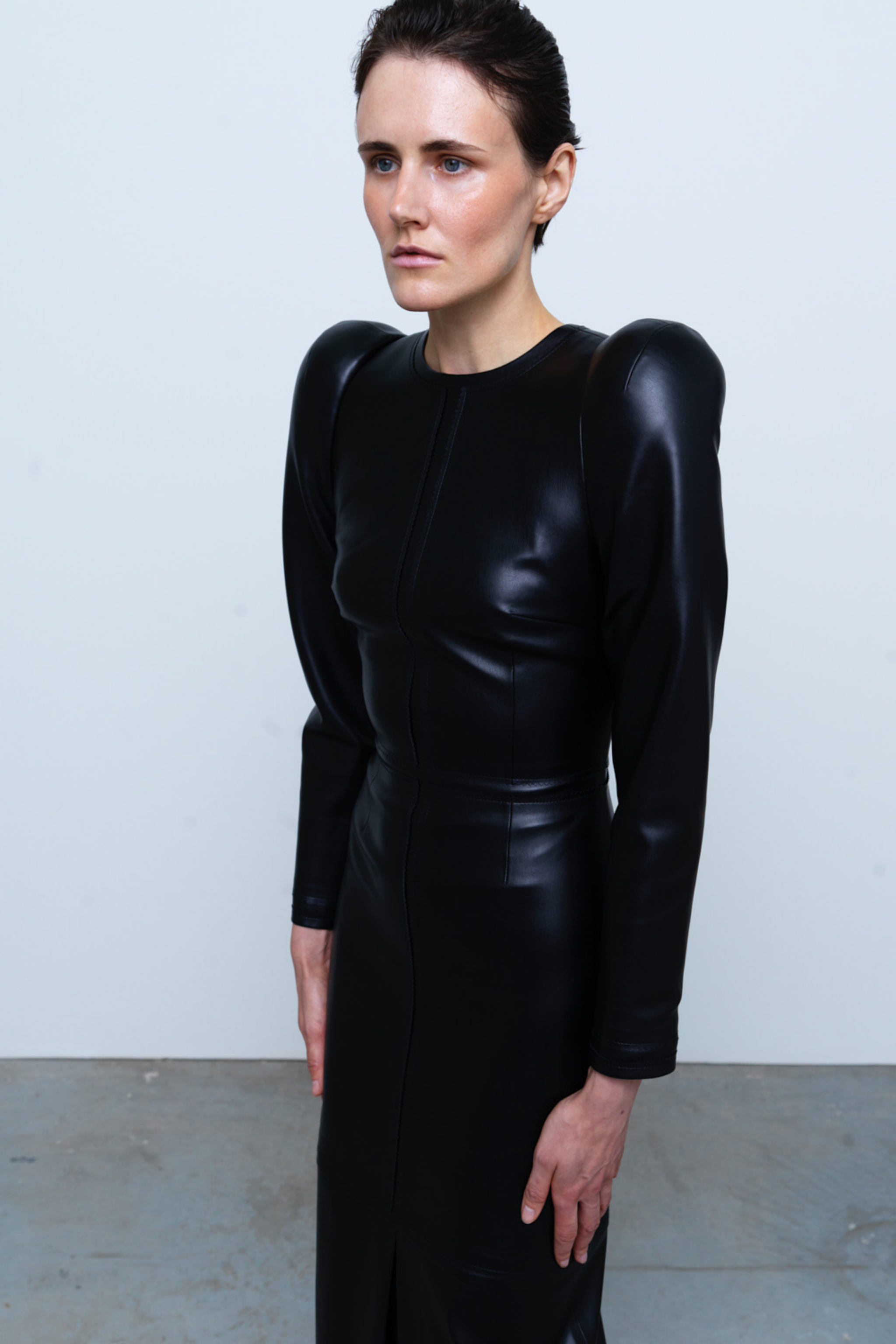 DRESS#04 — Structured Faux Leather Midi Dress