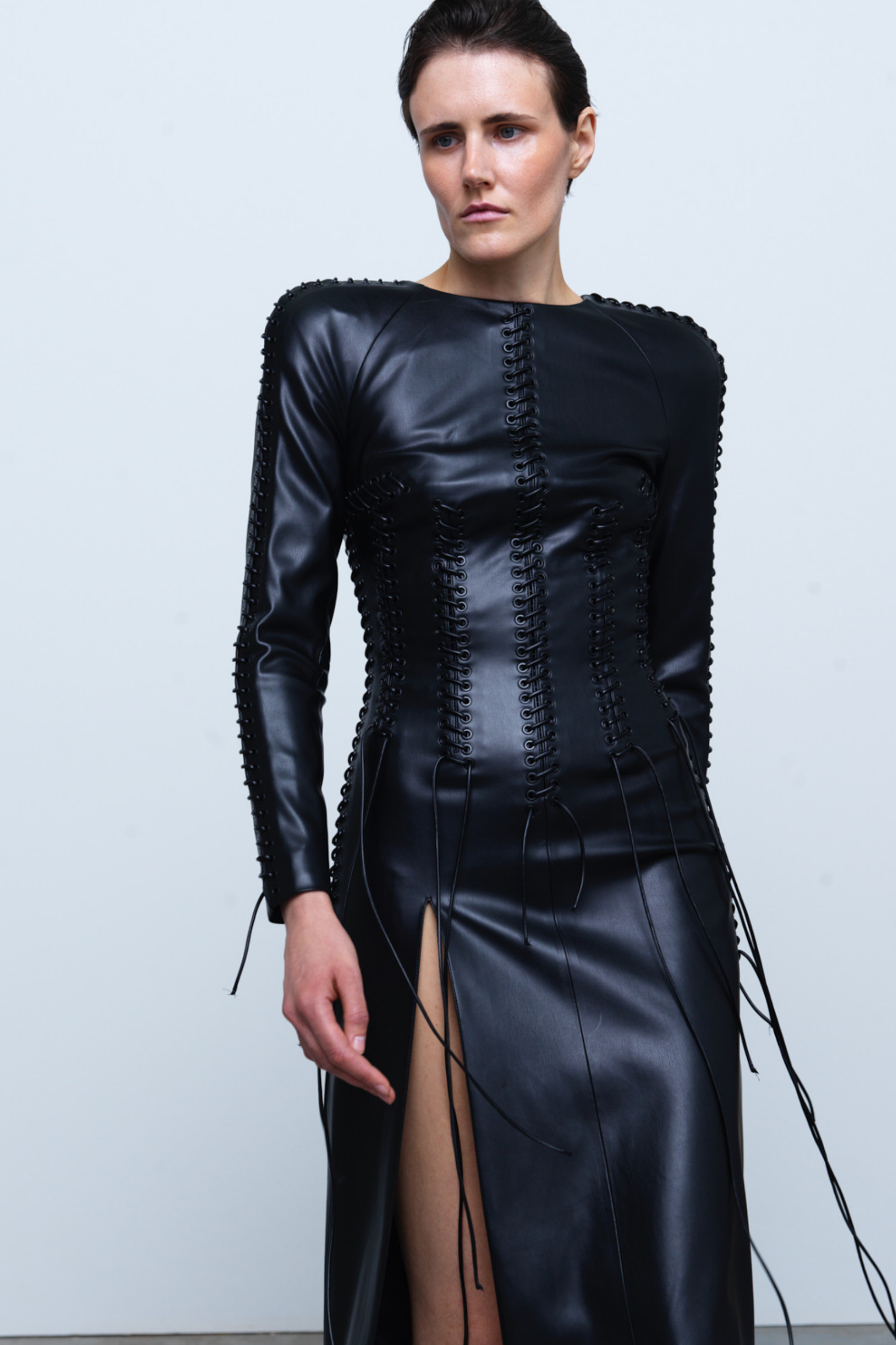 DRESS#03 — Lace-Up Faux-Leather Midi Dress