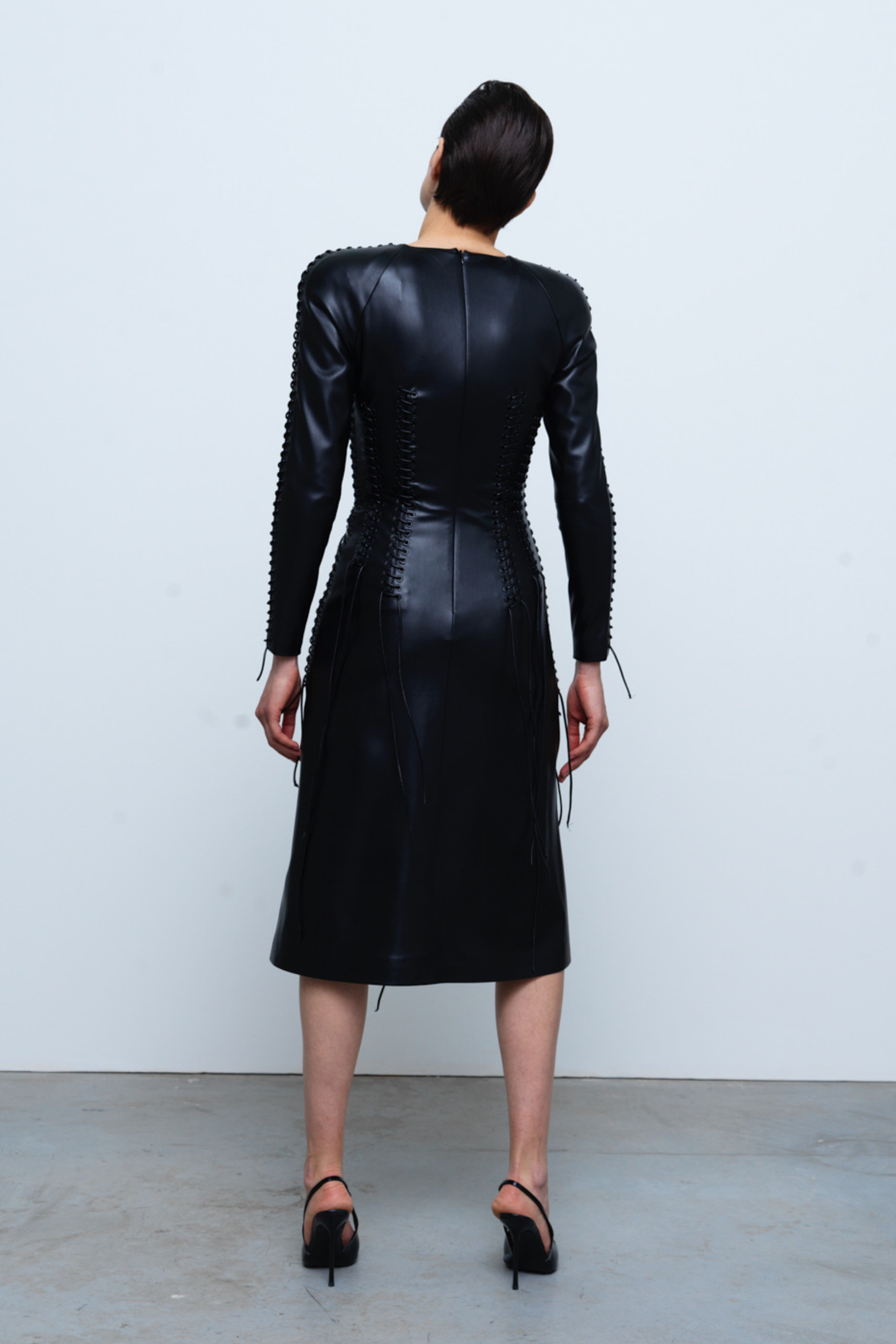 DRESS#03 — Lace-Up Faux-Leather Midi Dress