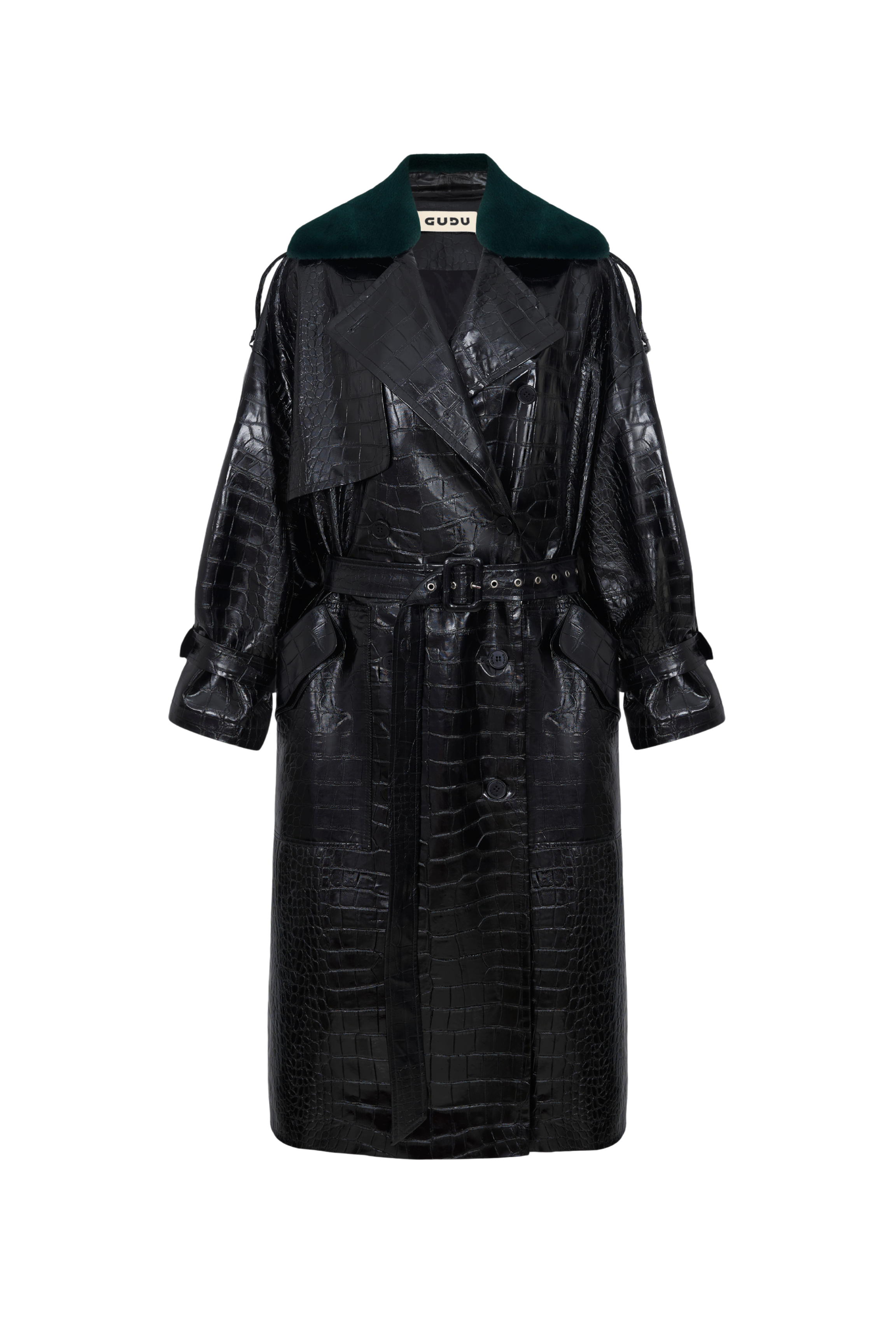 COAT#01 — Croc-Embossed Faux Leather Trench Coat