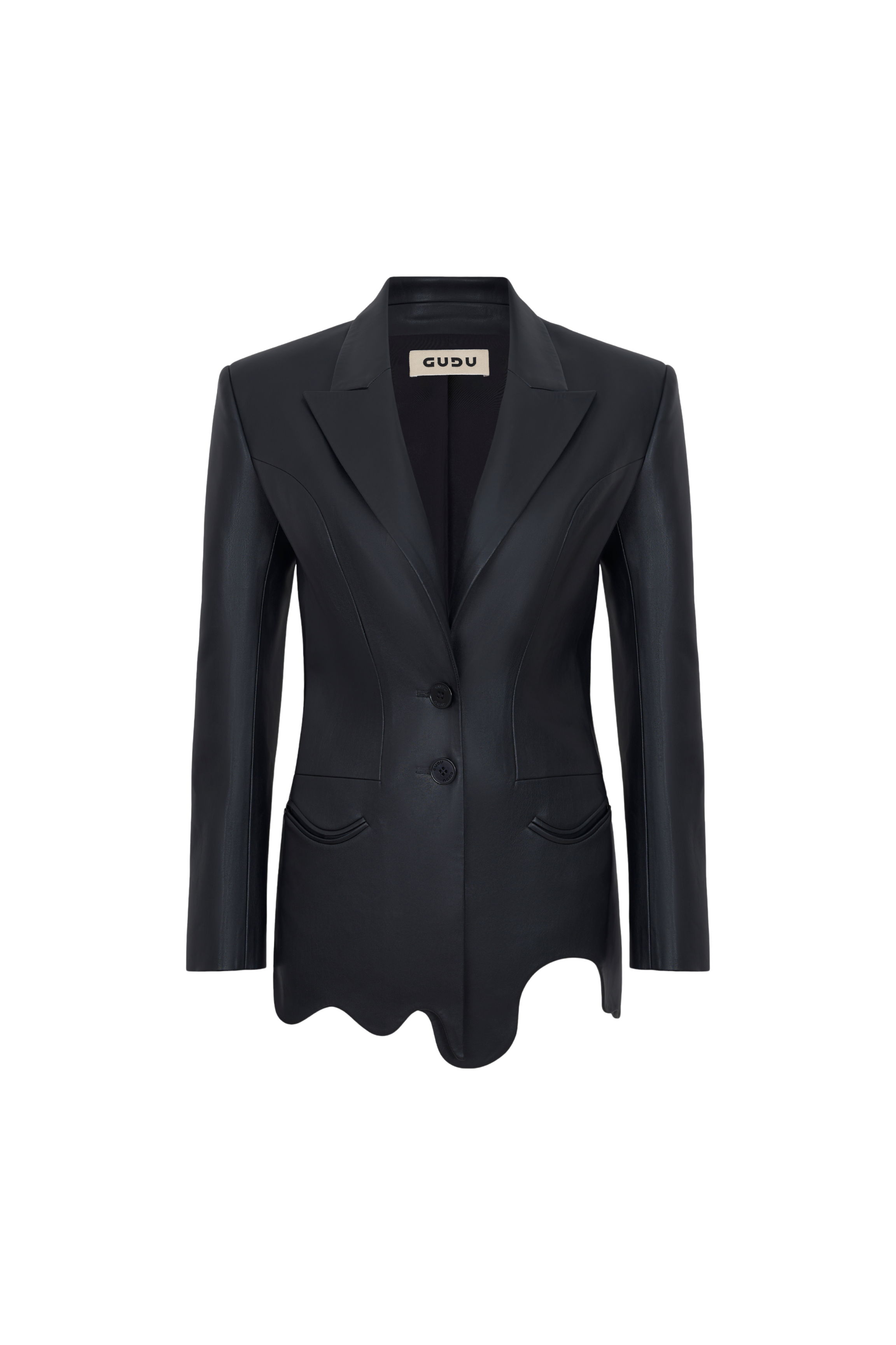 JACKET#01 — Wave-Hem Faux Leather Blazer