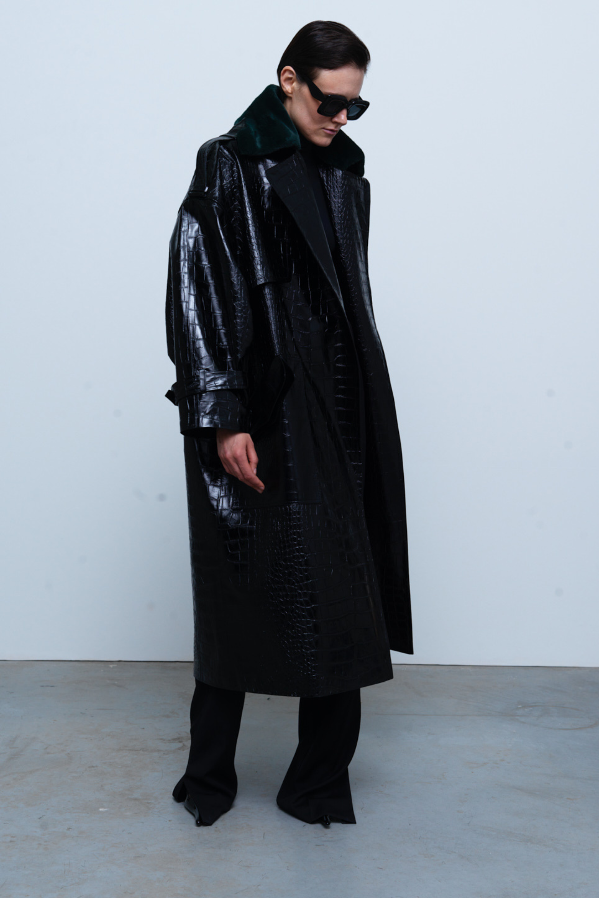 COAT#01 — Croc-Embossed Faux Leather Trench Coat