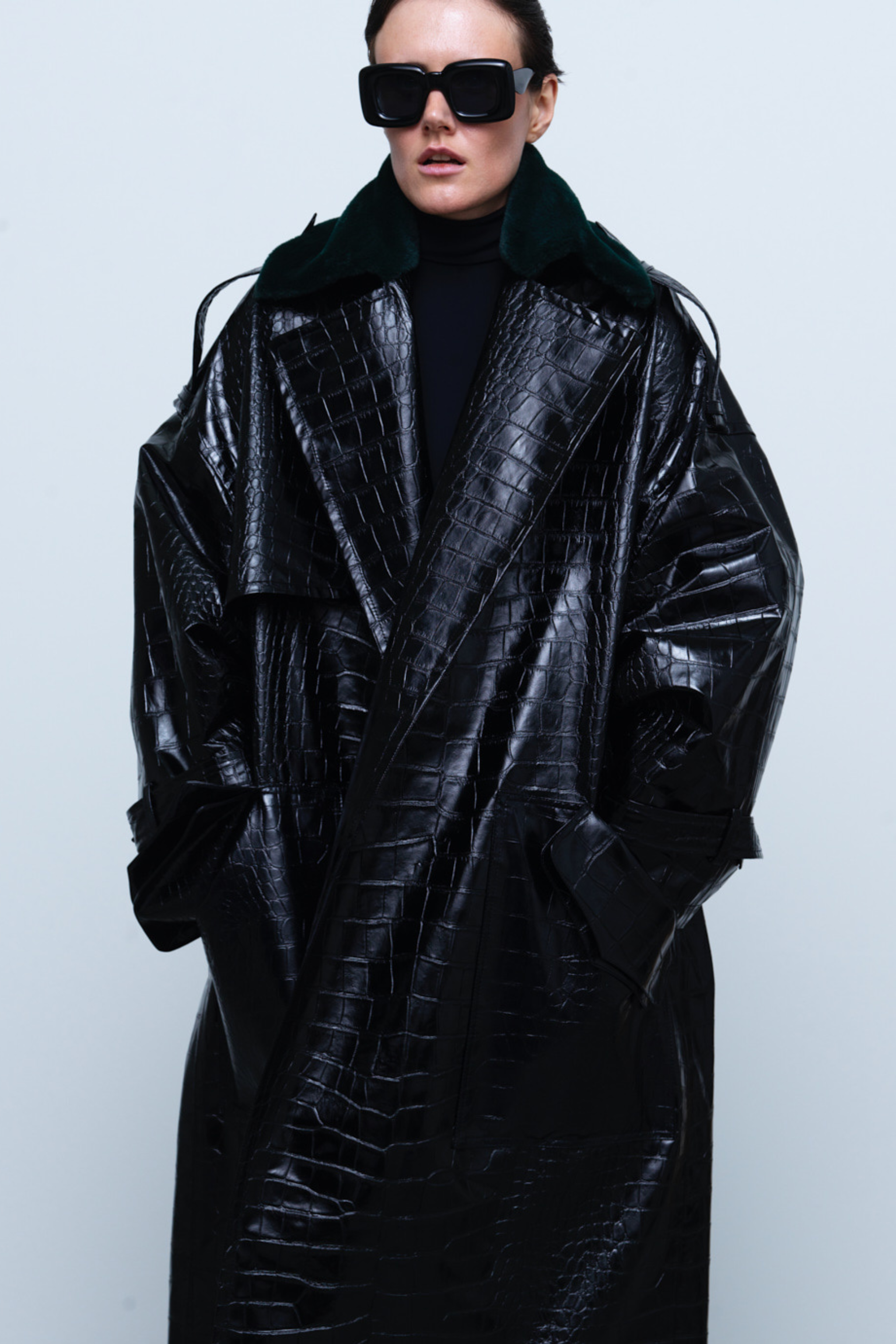 COAT#01 — Croc-Embossed Faux Leather Trench Coat